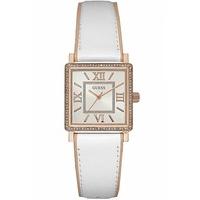 Guess Ladies Rose Gold Plated Square White Leather Strap Watch W0829L11