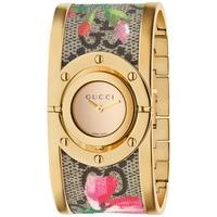 Gucci Ladies Gold Plated Pink Blooms Floral Bangle Watch YA112443