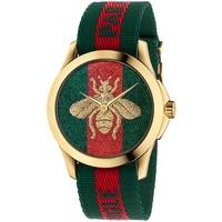 Gucci Mens Bee Gold Plated Green Red Fabric Strap Watch YA126487