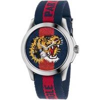 Gucci Mens Blue Red Tiger Fabric Strap Watch YA126495