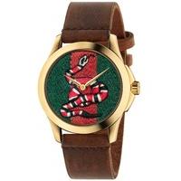 Gucci Mens Gold Plated Snake Brown Leather Strap Watch YA1264012