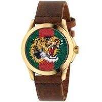 Gucci Mens Gold Plated Tiger Brown Leather Strap Watch YA126497
