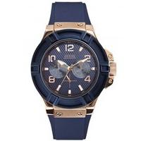 Guess Mens Rose Gold Plated Blue Rubber Strap Watch W0247G3