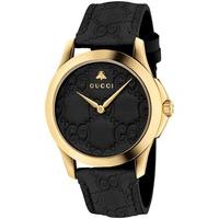 gucci ladies gold plated signature medium black leather strap watch ya ...