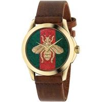 Gucci Ladies Gold Plated G-Timeless Honeybee Brown Leather Strap Watch YA126451