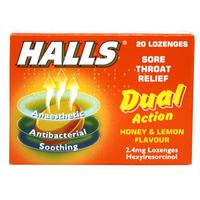 halls dual action sore throat relief honey and lemon 20 lozenges