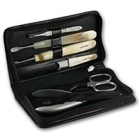 Hans Kniebes 6 Piece Luxury Real Horn and Stainless Steel Manicure Set in Dark Brown Leather Case