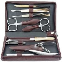 Hans Kniebes 9 Piece Luxury Real Horn and Stainless Steel Manicure Set in Dark Brown Leather Case