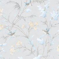 Hailey Grey & Blue Floral Birds Glitter Highlight Wallpaper
