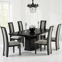 hamlet marble dining table in black with 6 allie grey chairs