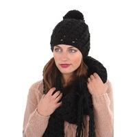 Harper Womens Crochet Knitted Beanie Hat-Scarf Winter Set Black
