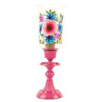 Hand-Painted Pink Aluminium And Glass Hurricane Lamp