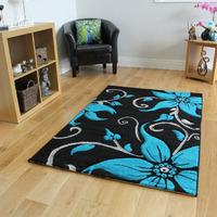 Havana Black Teal Flower Print Rug - 914-BlackTeal Havana 180 cm x 270 cm (5\'11\