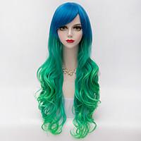 Harajuku Fashion Party Long Wavy Side Bang Hair Blue Gradient Green Synthetic Lolita Charming Women Wig