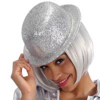 Hat Bowler Glitter Plastic Silver