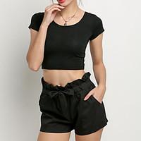Harem Shorts Pants, Casual/Daily Sexy Cute Solid Mid Rise Drawstring Cotton Micro-elastic Spring Summer