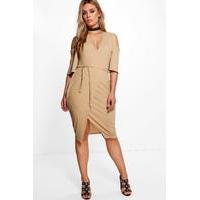 Harriet Tie Waist Cold Shoulder Wrap Dress - stone