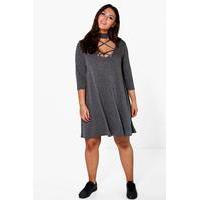 Harriet Lace Up High Neck Swing Dress - charcoal