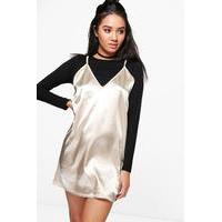 harriet 2 in 1 long sleeve satin slip dress champagne