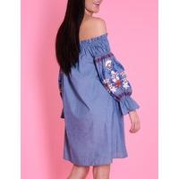 HANA - Blue Embroidered Off-shoulder Dress