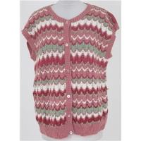 Hand knitted, size XL pink & green striped sleeveless cardigan