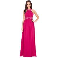 Halter Neck Embellished Chiffon Maxi Dress with Scarf - Fushia