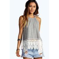 Halter Crochet Trim Top - grey marl