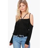 Hailey Premium Textured Slinky Frill Top - black