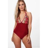 Hannah Embroidered Plunge Bodysuit - burgundy