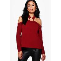 Halterneck Cold Shoulder Ring Detail Top - berry