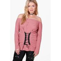 harriet bardot rib lace up top antique rose