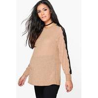 Hailey Lace Sleeve Rib Knitted Top - camel