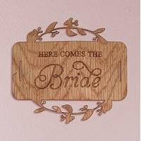 here comes the bride wood veneer flower girl basket sign