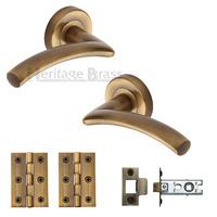 heritage brass lever latch round rose centaur antique finish