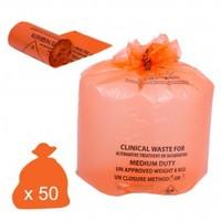 heavy duty 8kg90l clinical waste bags orange 1 x roll of 50 bags