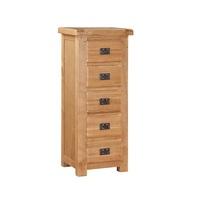 Heaton Wooden Tall Chest Of Drawers In Solid Oak With 5 Drawers