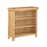 Heaton Wooden Low Wide Bookcase In Solid Oak With 3 Compartments
