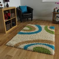 Helsinki Cream and Teal Circles Shaggy Rug 110cm x 160cm