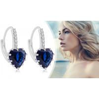 heart cut blue simulated sapphire rhodium plated earrings