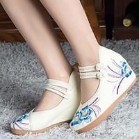 heels spring comfort fabric casual wedge heel satin flower red white