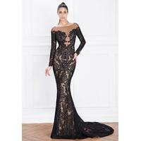 Hemera London Couture Illusion Bodice Lace Mermaid Dress in Black