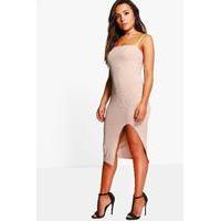 Heidi Split Leg Ribbed Midi Dress - sand