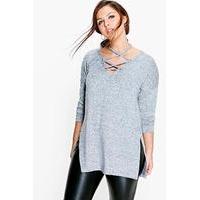 Helena Long Sleeve Knitted Lace Up Top - grey