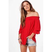 Heidi Shirred Off The Shoulder Frill Sleeve Top - red