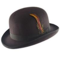 High Quality Hard Top 100% Wool Bowler Hat WITH Feather - Satin Lined - Sizes S to XL (SMALL, BROWN)
