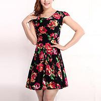 High Quality Women\'s Vintage / Street chic Floral Plus Size / Sheath Dress, Round Neck Above Knee Cotton / Polyester
