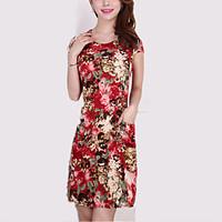 High Quality Women\'s Simple / Street chic Print Plus Size / Sheath Dress, Round Neck Above Knee Cotton / Polyester