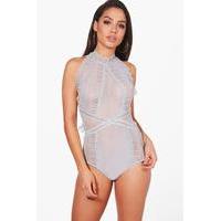 high neck geo lace body grey