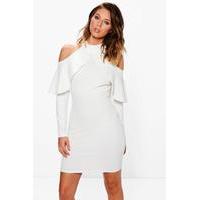 high neck frill open shoulder bodycon dress ivory