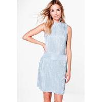 High Neck Pleated Skater Dress - silver